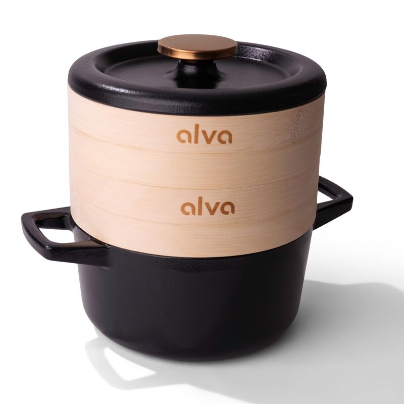Alva Nori Enameled Cast Iron Steamer Set Dutch Oven 2.4Qt. - Oven Safe and Made without PFAS, PFOA & PTFE - Induction and All Stovetop Compatible with Even Heat Distribution