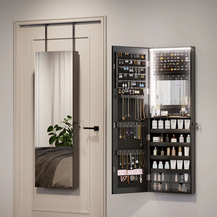 Wall Mounted Jewelry Cabinet with Full Length Mirror, LED Lights, Lockable Storage and Over The Door Design