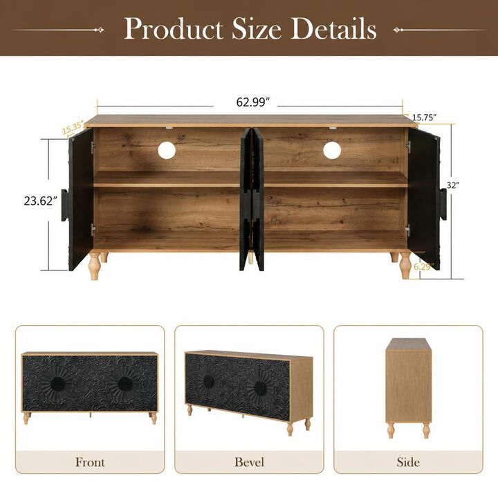 GOODSILO Carved Symmetrical Design Black Door TV Stand Table with Wood Colored Frame for Living Room and Entryway Storage Cabinet