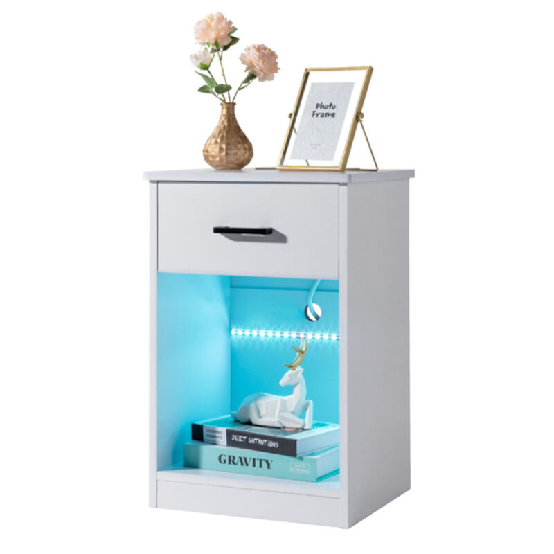 Nightstand with LED Light Single Drawer and Built-in Socket for Bedroom