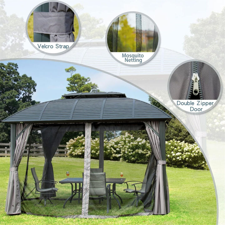Outdoor Gazebo 10'x12', Permanent Hardtop Gazebo with Aluminum Frame for Patios Deck Backyard, Galvanized Steel Double Roof, Curtains and Netting for Lawns, Garden, Poolside