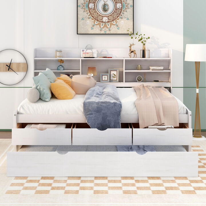 Whisen Full Size Wooden Captain Bed with Built-in Bookshelves,Three Storage Drawers and Trundle