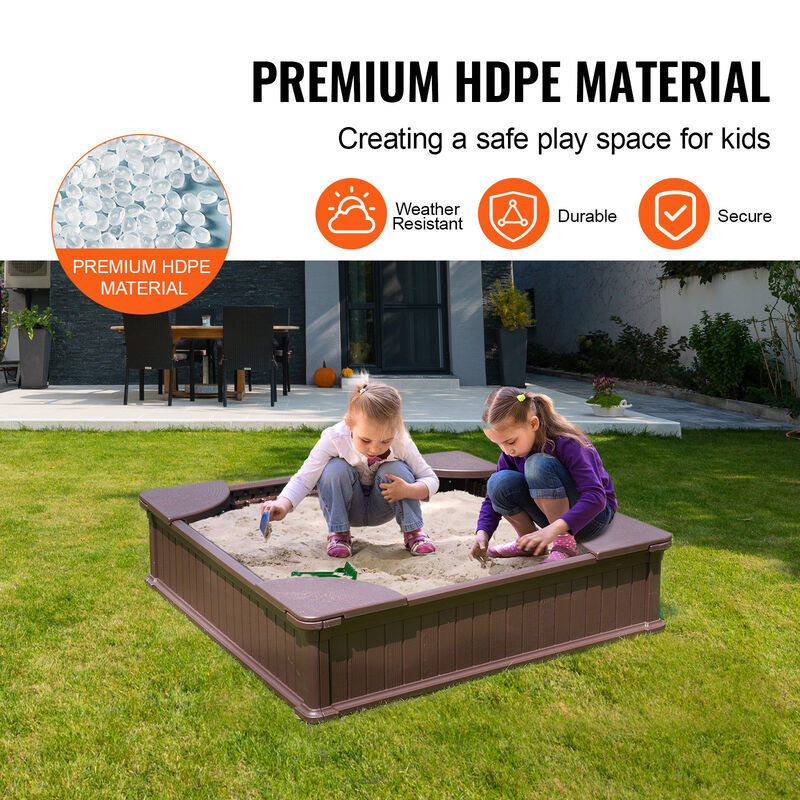 Square Sandbox with Cover &ndash; HDPE Outdoor Sand Pit with Seating for 4 Kids & Bottom Liner, Perfect for Backyard Play Ages 3&ndash;12