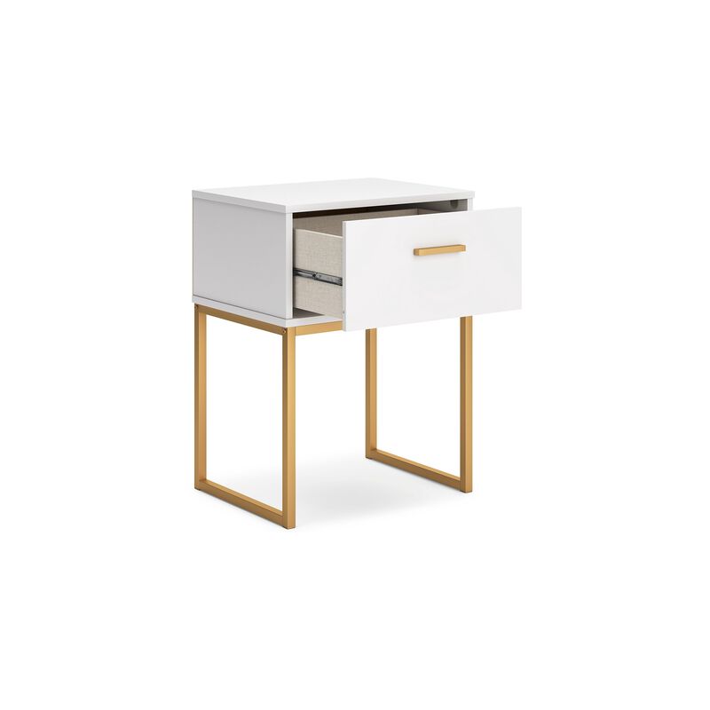Alli Nightstand, 1 Drawer, Matte White Wood, Gold Metal Legs, 26 Inch - Benzara
