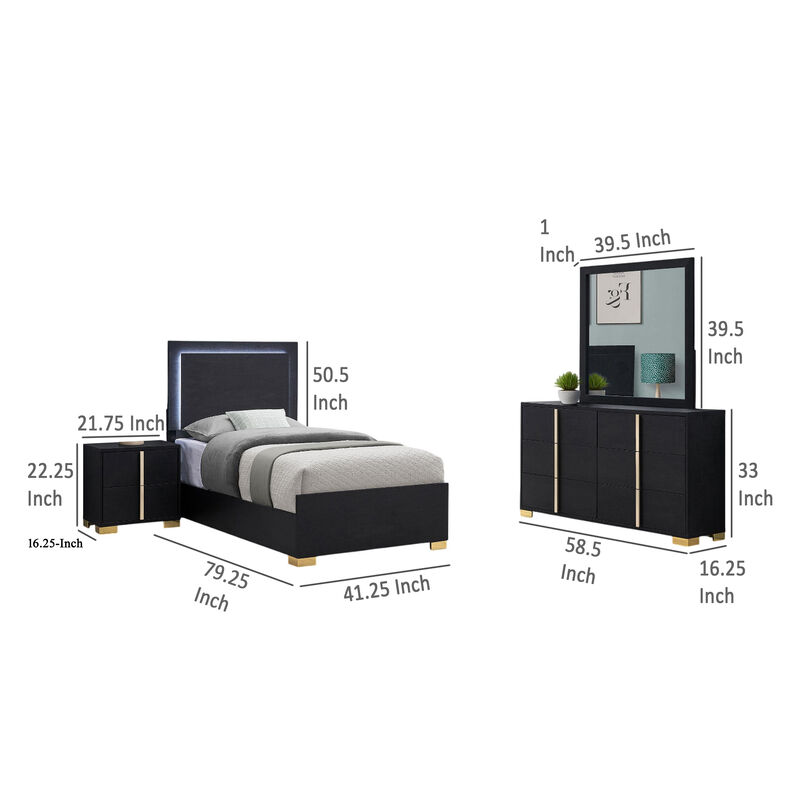 Dex 4 Piece Twin Bedroom Set, Black, Gold Accents, LED Headboard - Benzara