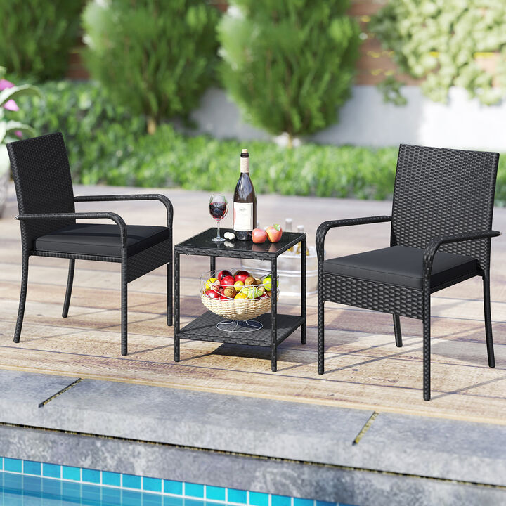 Outdoor 3 Piece Patio Furniture Set with Cushions and Tempered Glass Table