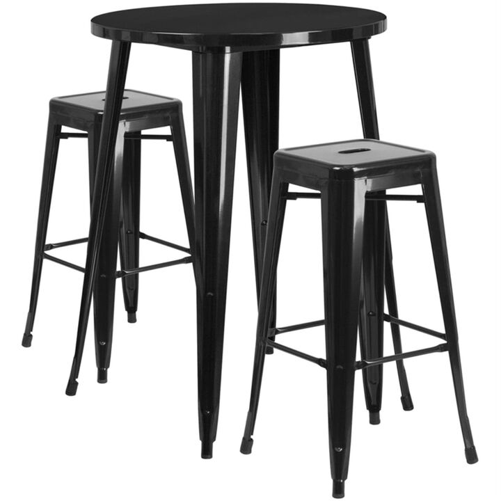 Flash Furniture Commercial Grade 30" Round Black Metal Indoor-Outdoor Bar Table Set with 2 Square Seat Backless Stools