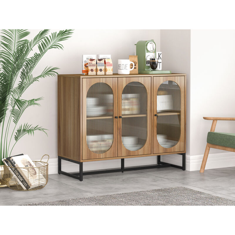 Storage Cabinet with Glass Door, Sideboard Buffet Cabinet for Kitchen, Dining Room, Walnut Color