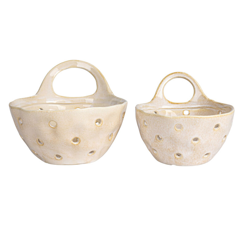 2‑Piece Stoneware Colanders with Handles, Reactive Cream Glaze image number 2