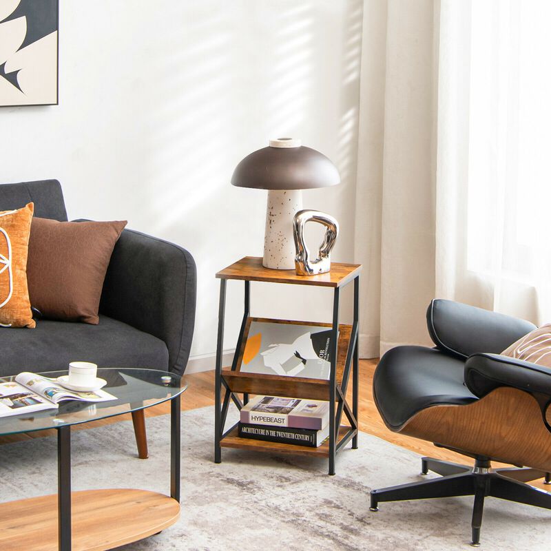 3-Tier Industrial Side Table with V-shaped Bookshelf for Living Room-Rustic Brown image number 2