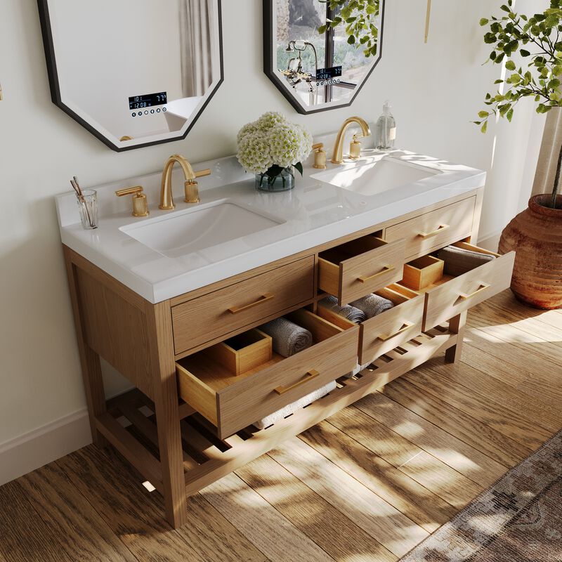 Elizabeth 60 in. Bath Vanity Set in Oak Finish with White Quartz Vanity Top and White Undermount Basin