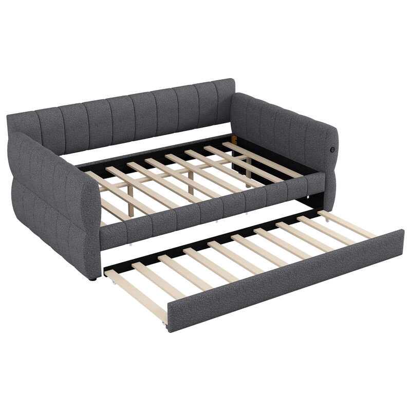 Merax Queen Size Gray Lambswool Upholstered Daybed with USB Charging image number 0