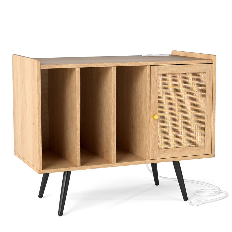 Record Player Stand with Rattan Cabinet and Charging Station for Living Room-Natural image number 0