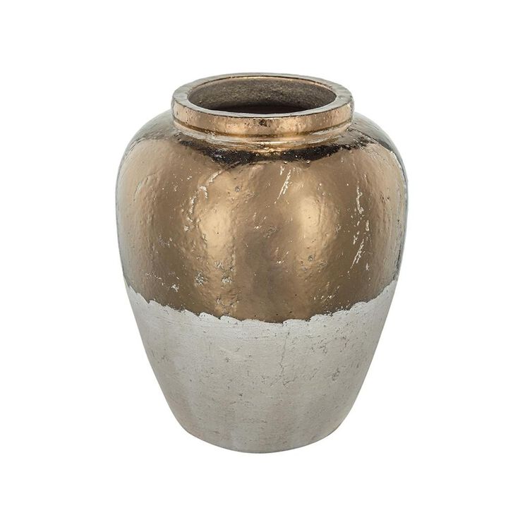 HomeRoots 16" Antiqued Bronze And Light Gray Color Block Ceramic Round Jug Vase