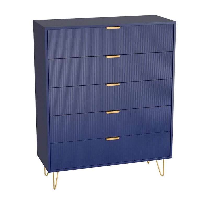 5-Drawer Chest in MDF Wood with Gold Metal Legs and Handles in Blue Color