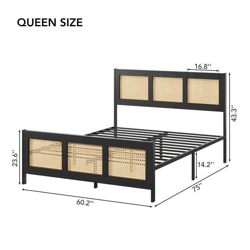 Boho‑Style Rattan Platform Bed Frame, Multi‑Size Options, Headboard Included, Sturdy Noise‑Free Metal Slats, No Box Spring Needed image number 4