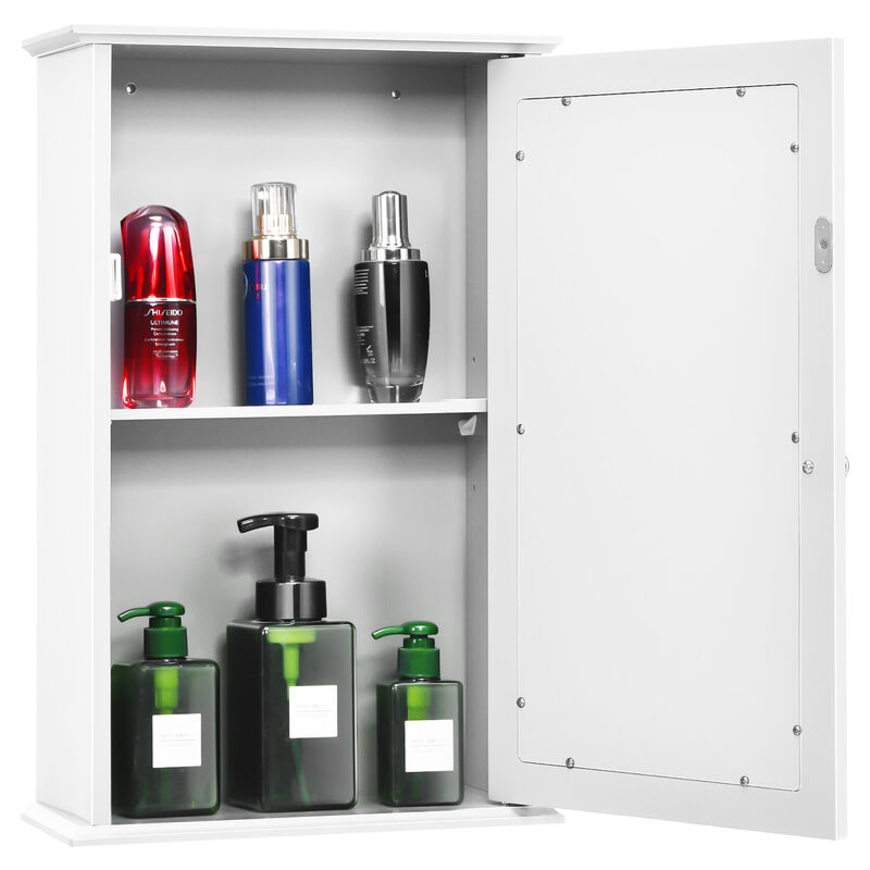 Costway Bathroom Wall Medicine Cabinet Single Mirror Door Cupboard Storage Wood Shelf White