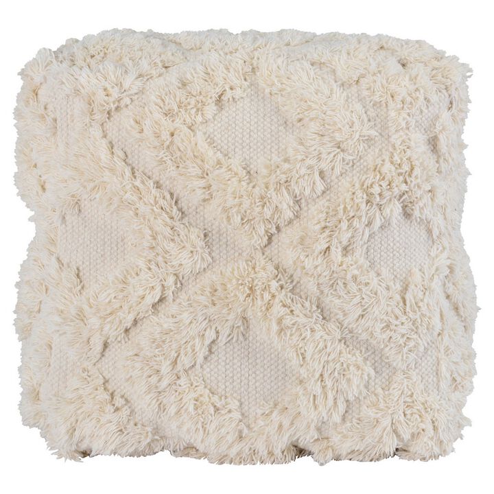 24 Inch Cotton Accent Pouf, Handwoven Textured Geometric Shag, Off White - Benzara