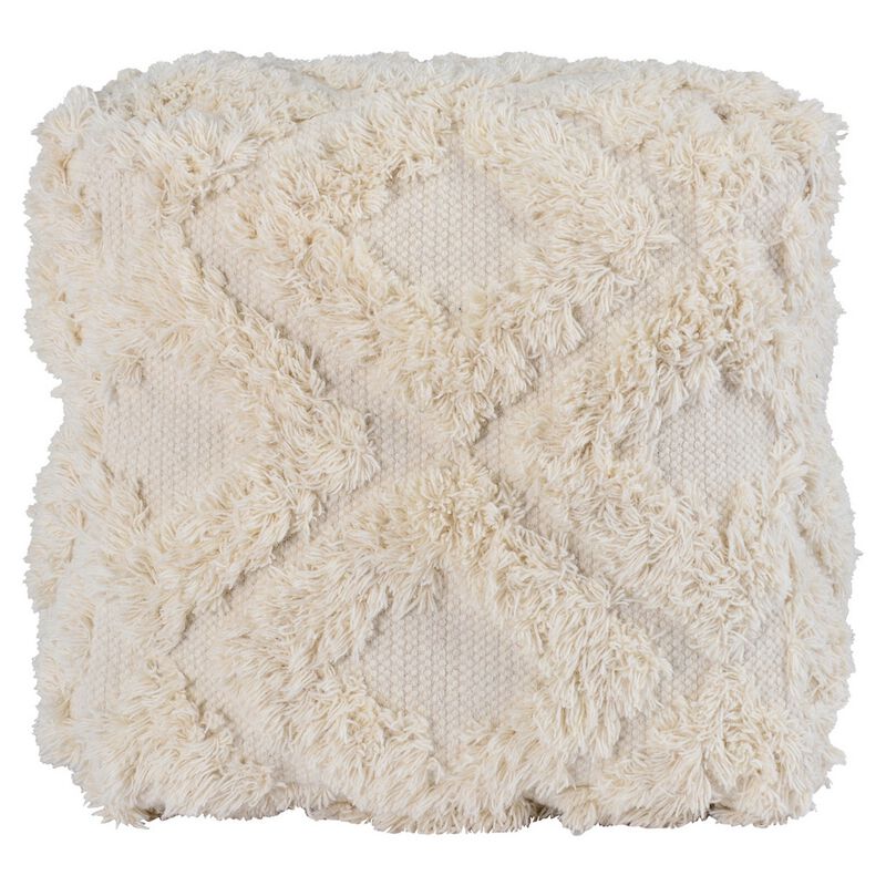 24 Inch Cotton Accent Pouf, Handwoven Textured Geometric Shag, Off White - Benzara