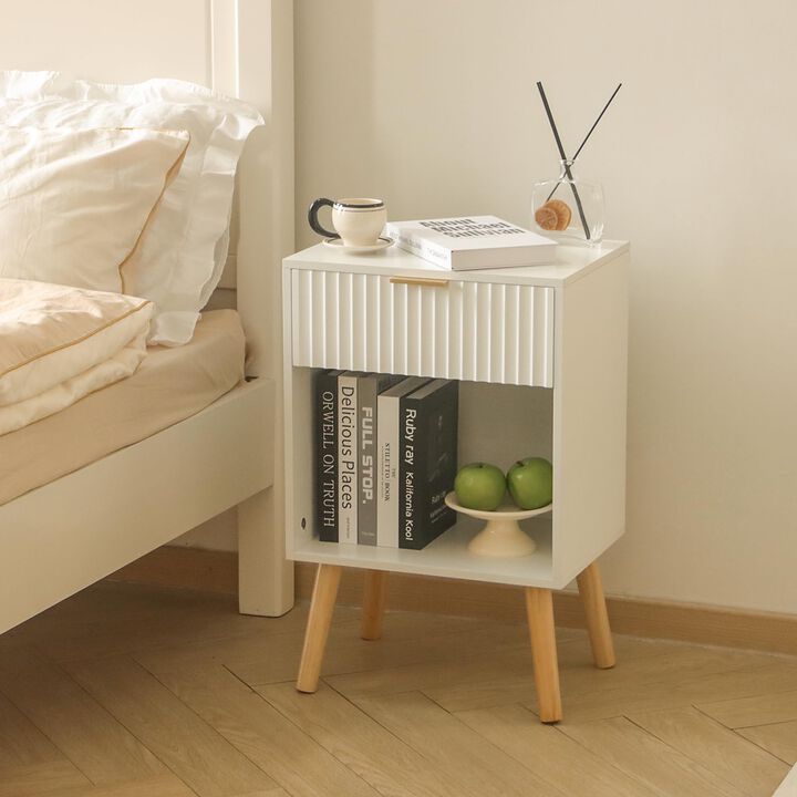 Fultyle White Nightstand with Charging Station, Mid Century Modern Bedside Table with Drawers and Outlet,Side Tables Living Room