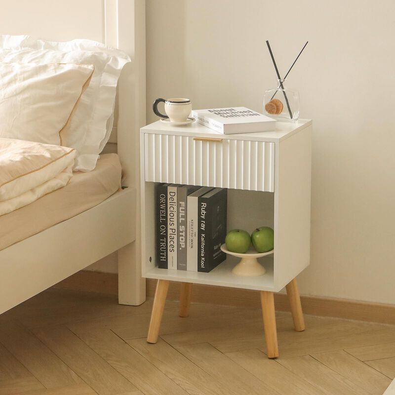 Fultyle White Nightstand with Charging Station, Mid Century Modern Bedside Table with Drawers and Outlet,Side Tables Living Room
