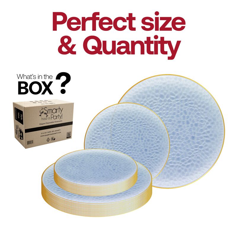 Clear Blue with Gold Rim Hammered Glass Plastic Dinnerware Value Set (60 Sets) image number 4