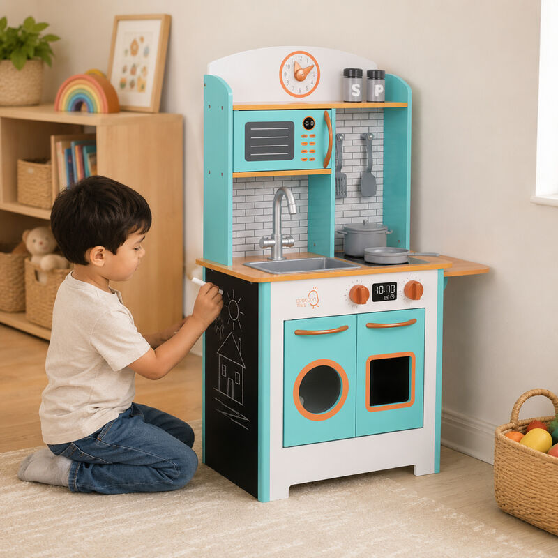Teamson Kids Little Chef Santos Retro Small Play Kitchen with stove, Microwave, Oven, Chalkboards and 7 Accessories image number 4