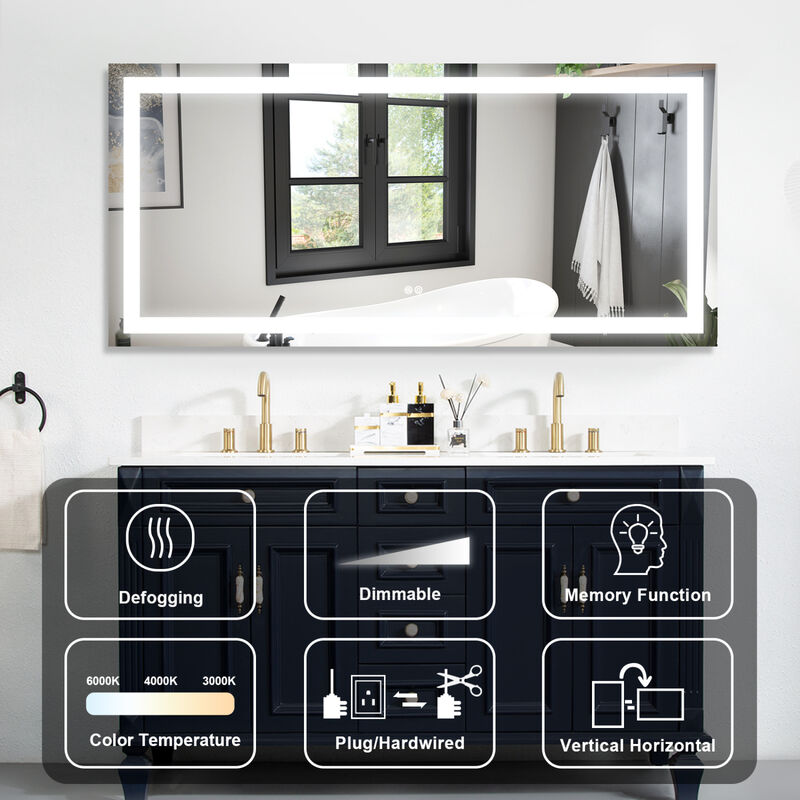 60x28 Inch LED Lighted Bathroom Mirror with 3 Colors Light, Wall Mounted Bathroom Vanity Mirror with Touch Button, Anti-Fog Dimmable Bathroom Mirror (Horizontal/Vertical)