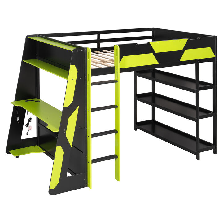 Merax Full Size Gaming Loft Bed with Side Desk & Storage Shelves