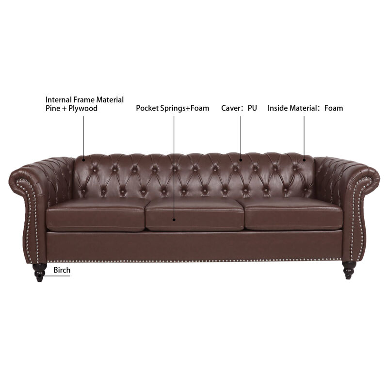 Dark Brown PU Rolled Arm Chesterfield Three Seater Sofa image number 9