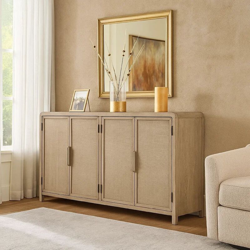 Giva Sideboard Buffet Console 4 Doors, Rattan Patterns, Brown 68 Inch