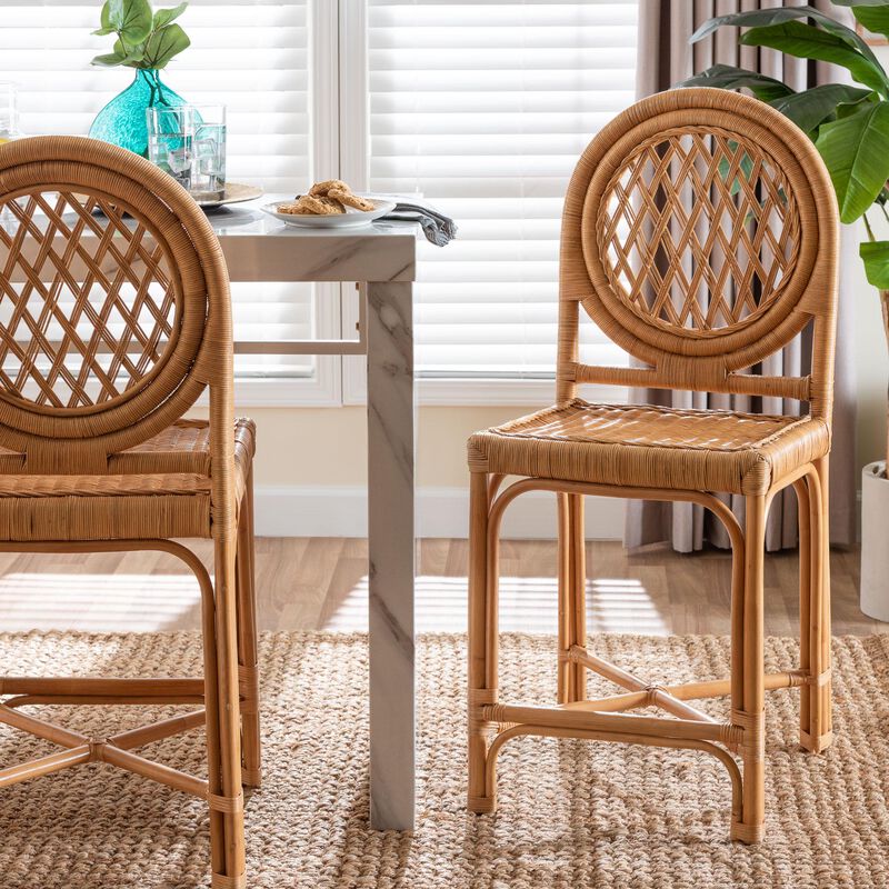 bali & pari Oxford Round Back Rattan Counter Stool - Handwoven Cane Counter Height Chair with Open Lattice Design, Natural Wicker Coastal Kitchen Island Seating