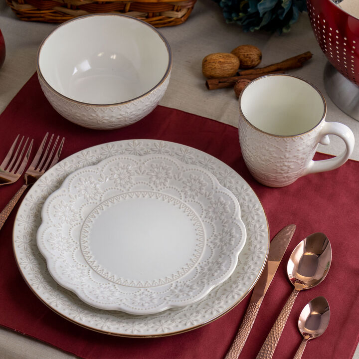 Elama Contessa 16 Piece Embossed Scalloped Stoneware Dinnerware Set in Ivory