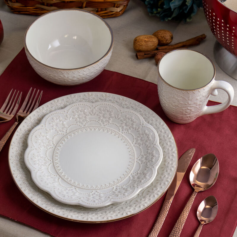 Elama Contessa 16 Piece Embossed Scalloped Stoneware Dinnerware Set in Ivory
