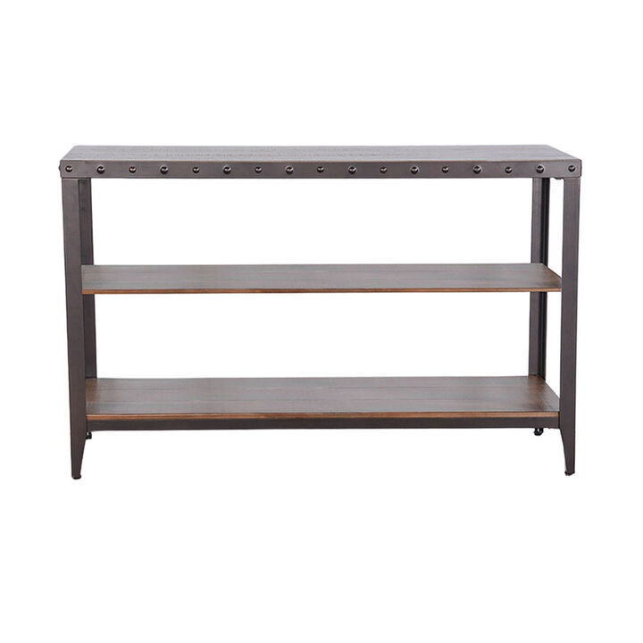 Ayka Sofa Table w Shelf, Nailhead Accent, 48 Inch Rectangular Brown