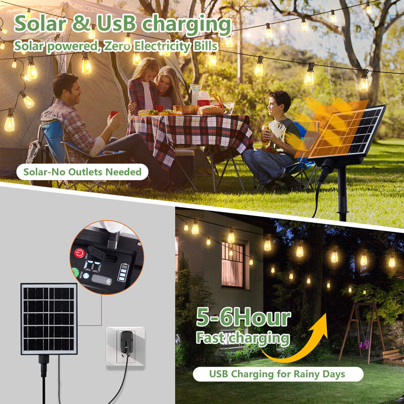30-Light 100 ft. Outdoor Solar Powered Integrated LED Edison String Light image number 4