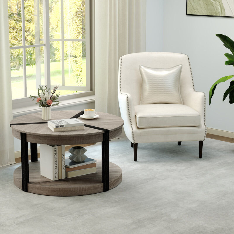 2-Tier Round Coffee Table in Rubber Wood with Large Tabletop and Storage Shelf