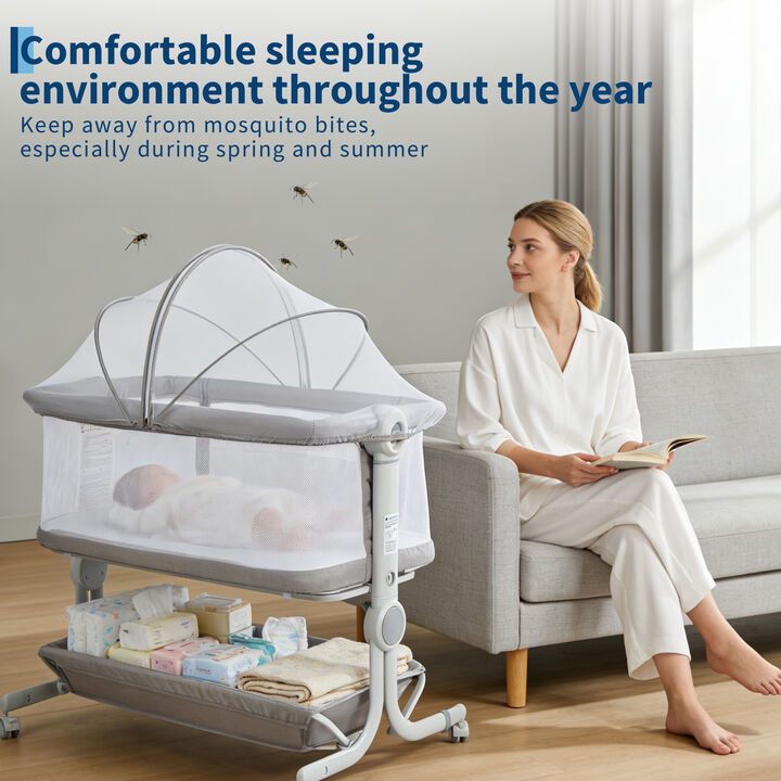 3-in-1 Portable Bedside Bassinet: 6 Heights, Anti-Reflux Incline, Mesh Sides, Mosquito Net, Storage, Wheels, Travel Crib