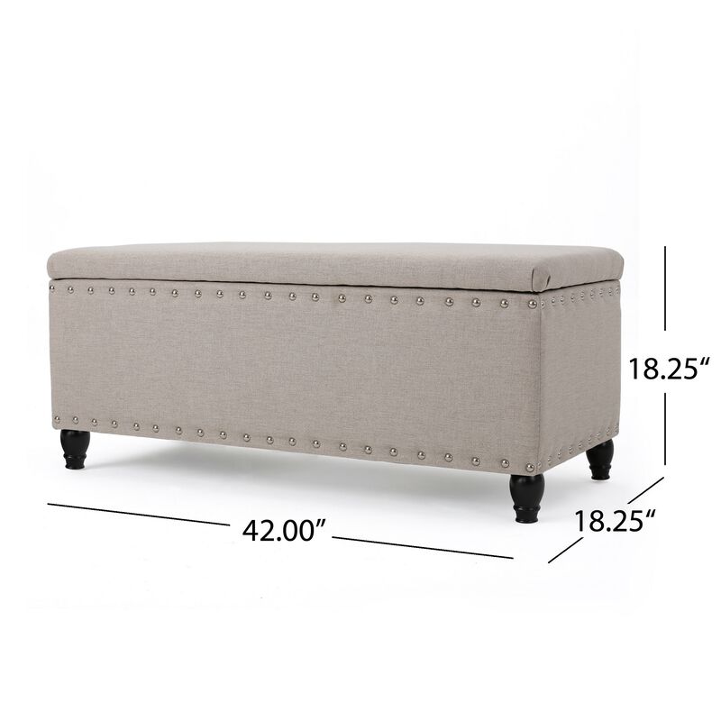 Sharon Storage Ottoman Bench, Beige Fabric, Nailhead Trim, 42 Inch - Benzara