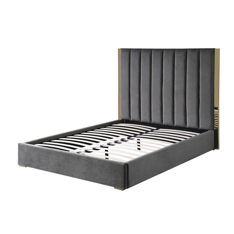 Best Master Furniture Jalen Dark Gray Velvet King Platform Bed with Gold Accents