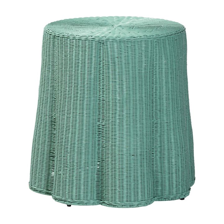 bali & pari Palm Scallop Natural Rattan Console Table – Handwoven Wicker Round Accent Table for Living Room, Sunroom or Foyer Place, Coastal Boho Style in Teal Green