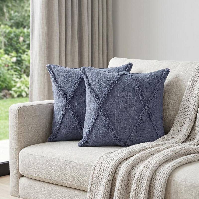 HomeRoots Set of Two Blue Diamond Cotton Throw Pillow With Fringe image number 1
