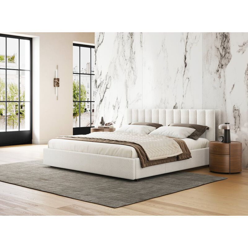 Omax Decor Jaxon Upholstered Platform King Bed in White Boucle Fabric