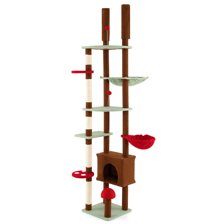 Mushroom Themed Floor to Ceiling Cat Tree with Adjustable Height, Condo, and Hammock-Brown