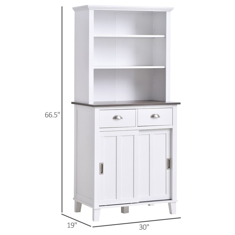 White Kitchen Storage: Cupboard Hutch with Sliding Doors and Drawers