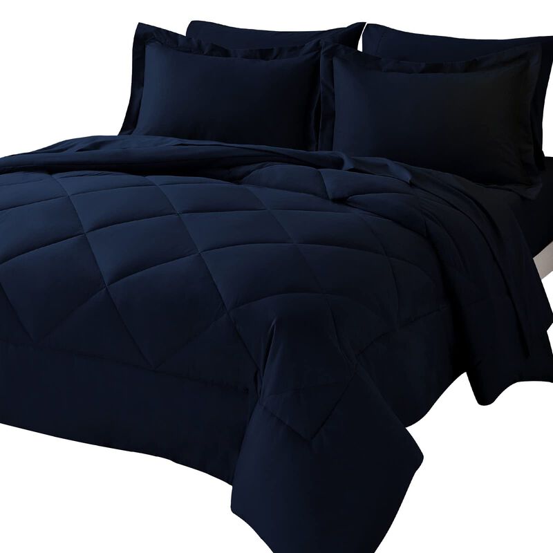 CozyLux Queen Bed in a Bag 7 Pieces Comforter Set with Comforter and Sheets Navy Blue All Season Bedding Sets with Comforter, Pi
