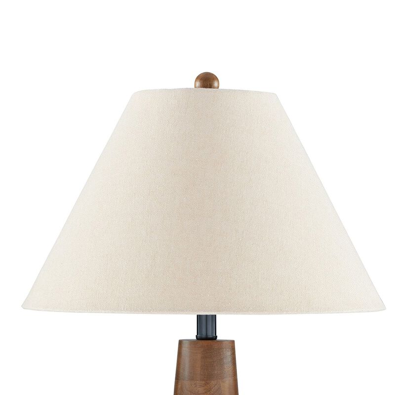 30 Inch Table Lamp, White Empire Fabric Shade, Tapered Brown Wood Frame - Benzara