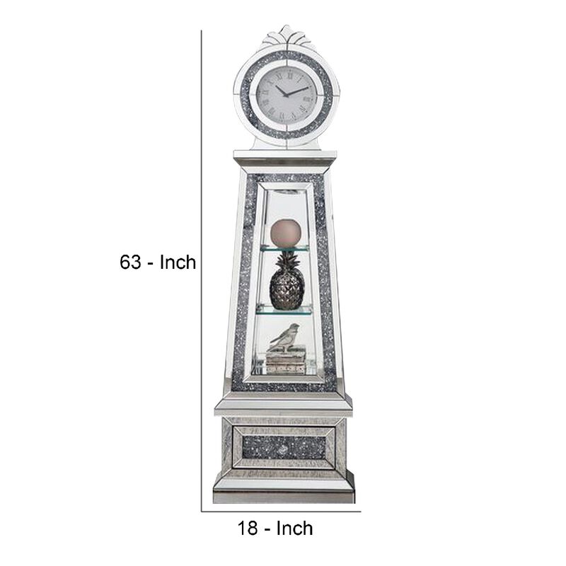 Mirrored Grandfather Clock with 3 Open Compartments, Silver - Benzara