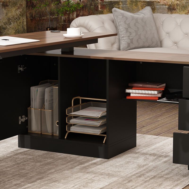 FUFU&GAGA L-Shaped Height Adjustable Office Desk - Perfect Blend of Functionality and Style, (63"Wx63"Dx45.3"H), Black and Brown