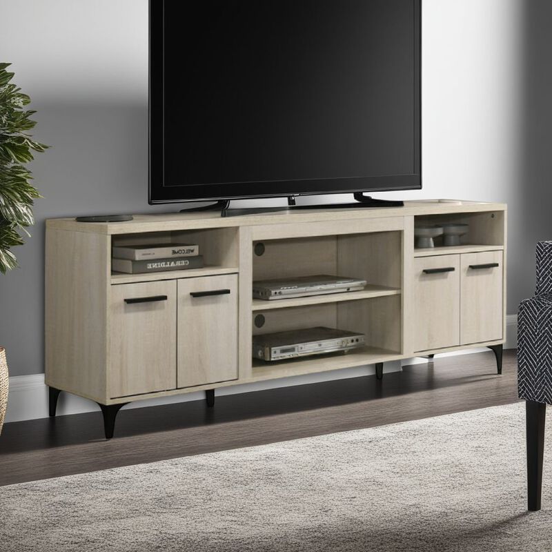 Evans TV Stand Media Cabinet, 4 Doors and Adjustable Shelf, Oak Brown - Benzara
